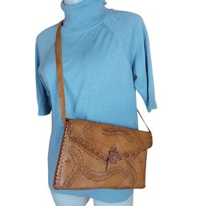 Vintage hand tooled leather tan bag hand crafted crossbody boho purse